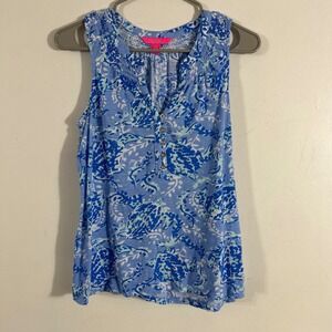 Lilly Pulitzer Tank Top Womens Small Blue Sea Turtle Paisley Cotton sleeveless